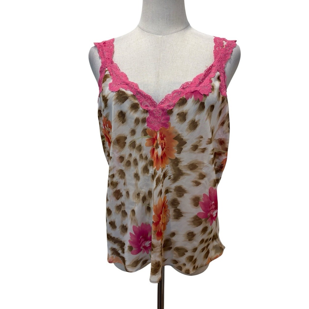 Valerie Stevens Sheer Camisole Tank Top Leopard Floral Lace L Indie Sleeze Y2K